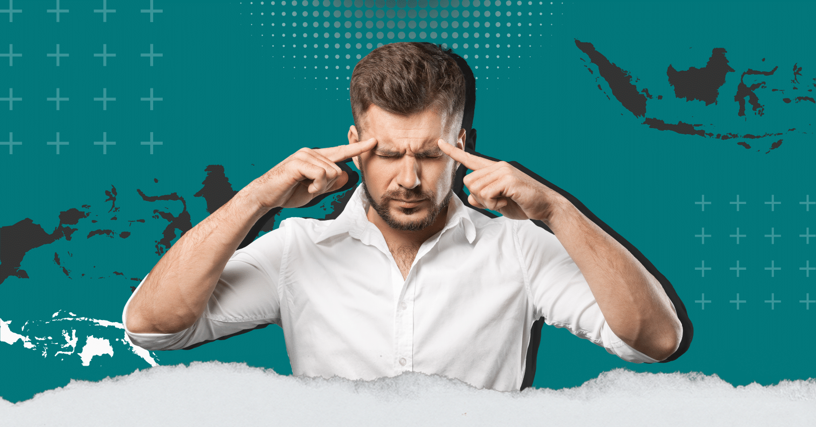 "Focused man concentrating with fingers on temples, representing mental clarity, sharp thinking, and gaining a cognitive edge."